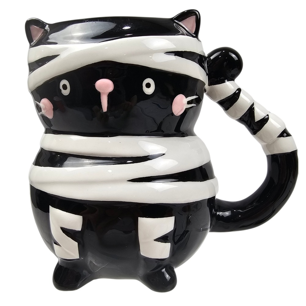 Holiday Home Spooktacular Mummy Black Cat Ceramic Halloween Mug Black White Pink